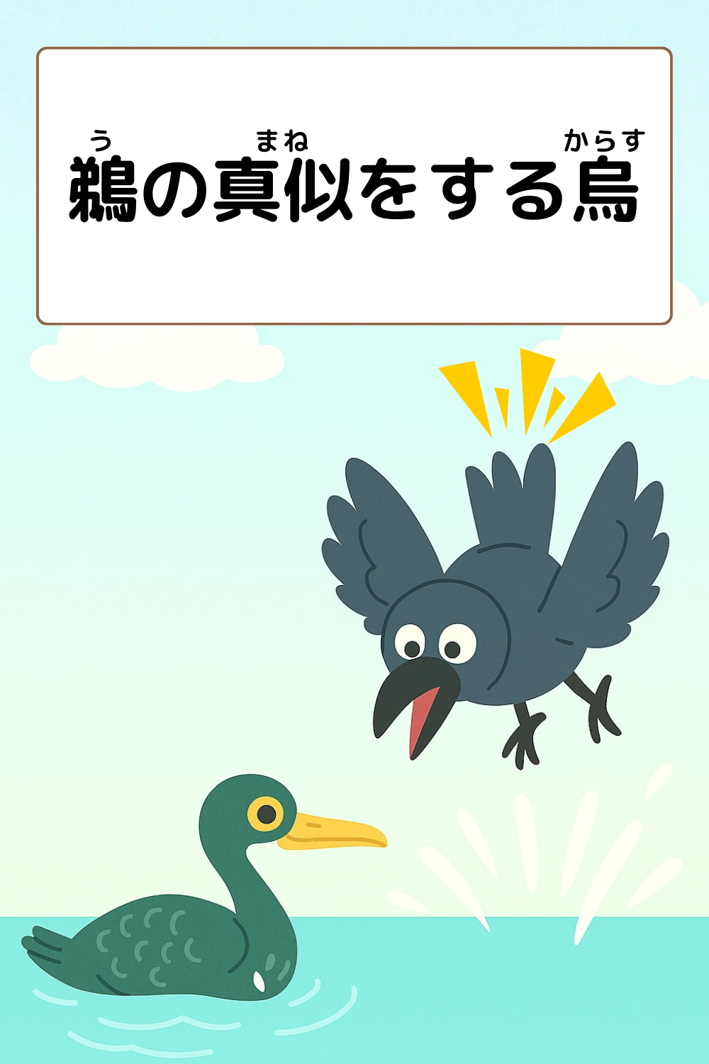 ことわざクイズ「鵜の真似をする烏」の完成イラスト