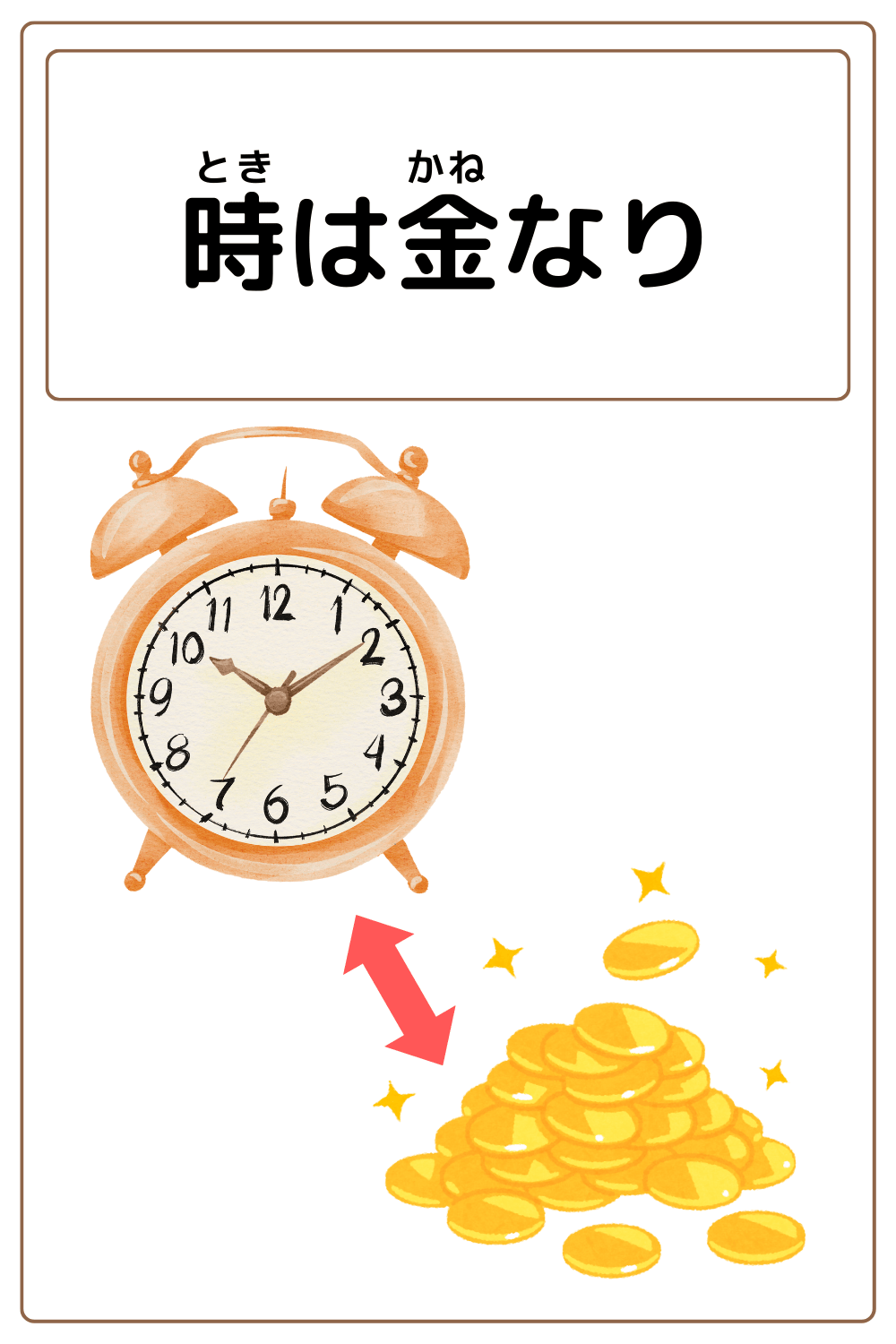 ことわざクイズ「時は金なり」の完成イラスト
