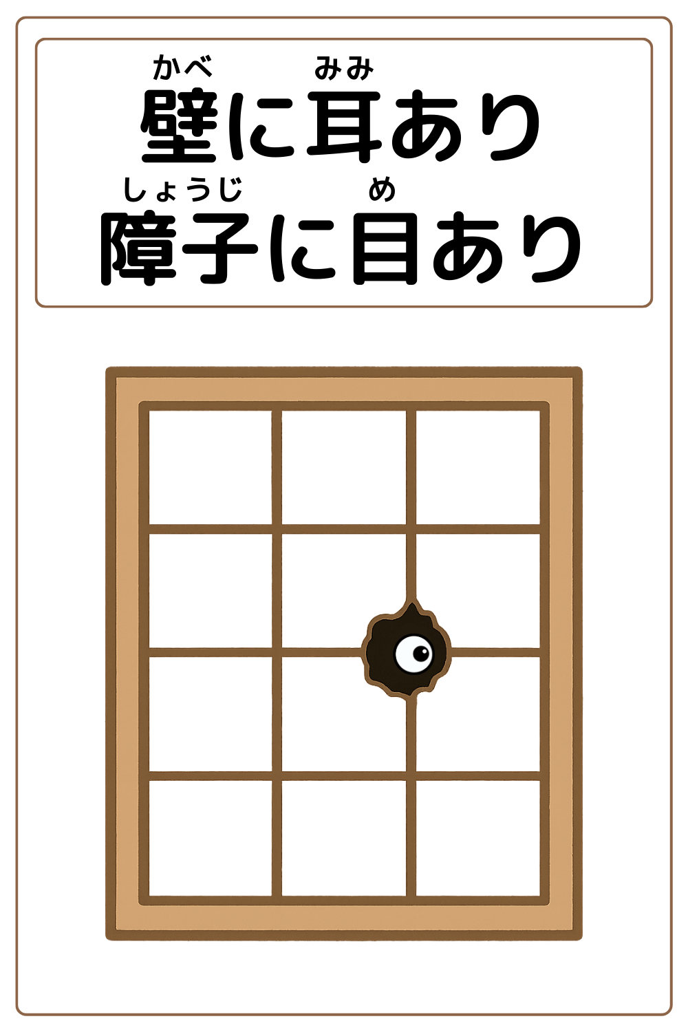 ことわざクイズ「壁に耳あり障子に目あり」の完成イラスト